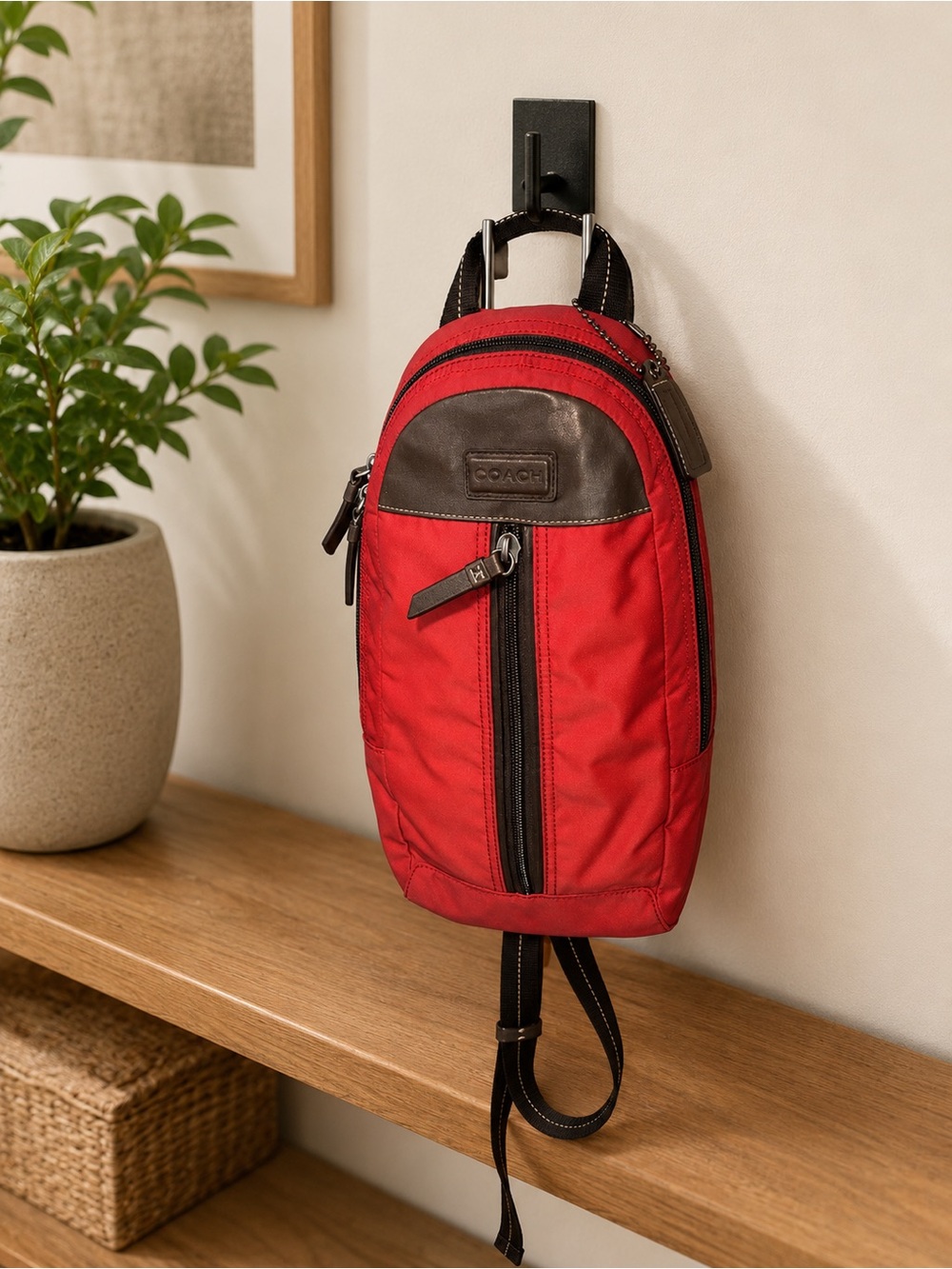 Coach Varick Nylon Sling Bag | Red-Orange Nylon & Leather Crossbody Backpack EUC